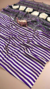 White and Purple Striped Ajrakh Contemporary Satin Crepe Modal Silk Saree